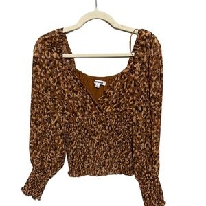 Steve Madden Women’s Blouse Size S Brown Leopard Print Smocked Puff Sleeve